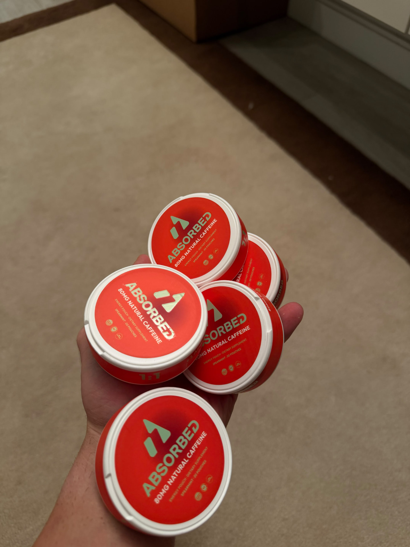 Five ABSORBED spearmint tins held in one hand